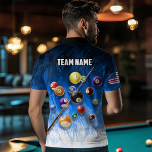 Personalized Blue Pool Player Billiard 8 Ball Polo & 1/4 Zip For Men Custom Billiard Shirts Jerseys TDM3656