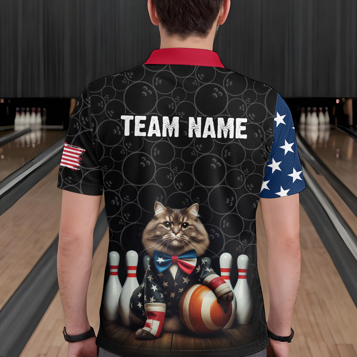 Personalized Patriotic Cat Bowling Shirt Polo American Bowling Jersey for Men Women QZT673