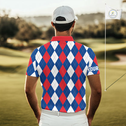 Mens golf polo shirt custom red, white and blue argyle plaid pattern golf attire for men NQS9847
