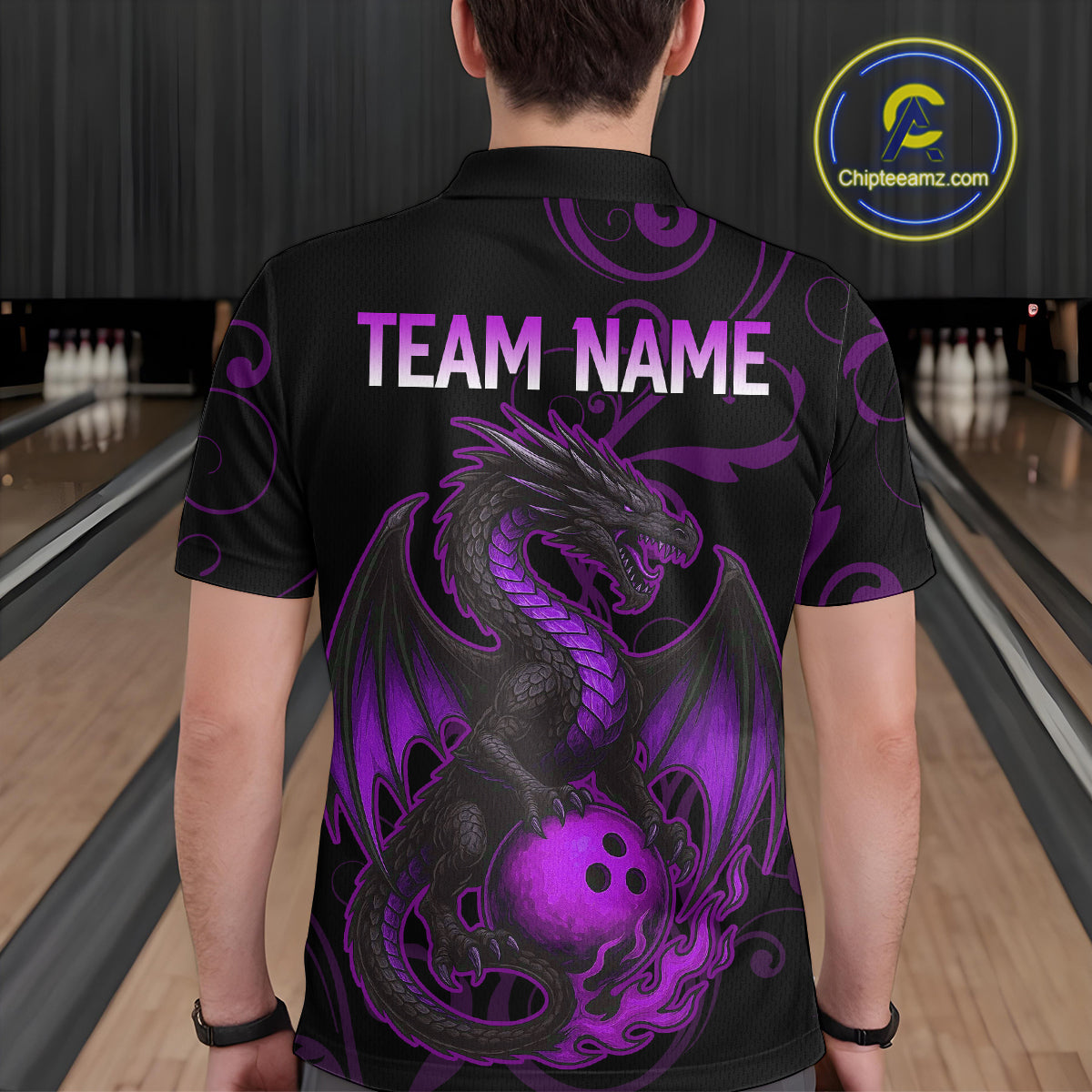 Black And Purple Flame Custom Dragon Bowling Team Shirts For Men, Bowling Uniform Outfit NQS9963