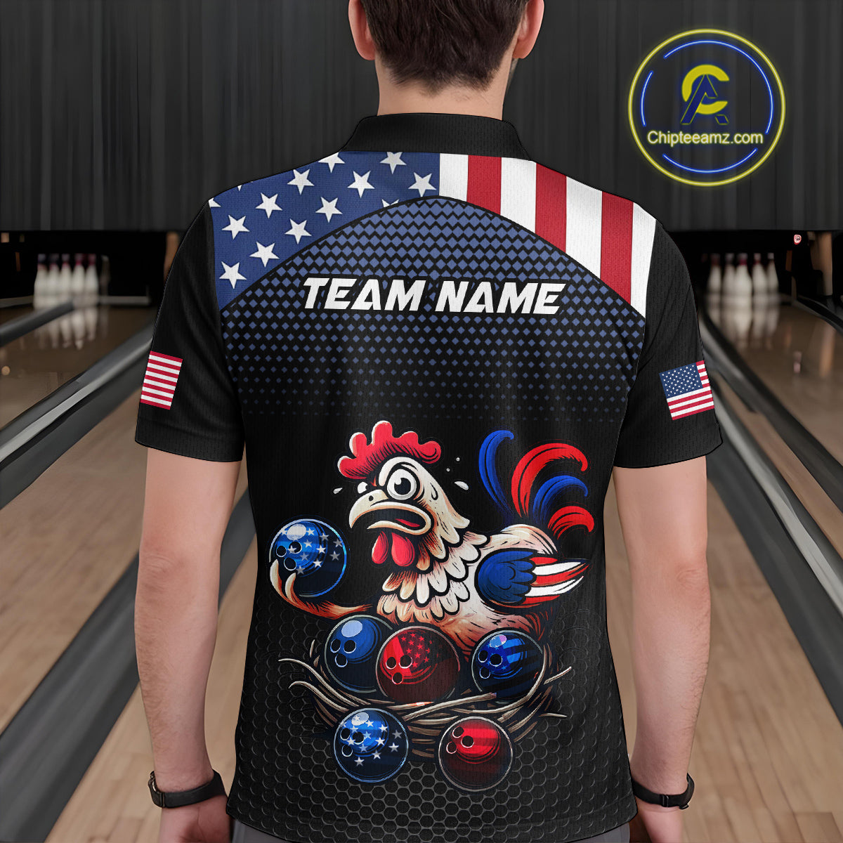 Custom American Flag Funny Chicken Bowling Team Jersey for Men Polo Bowling Shirt Unisex QZT710