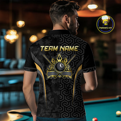 Custom Black Gold 8 Ball Flame Billiard Shirts for Men, Billiard Team Polo & 1/4 Zip Shirts NNT61
