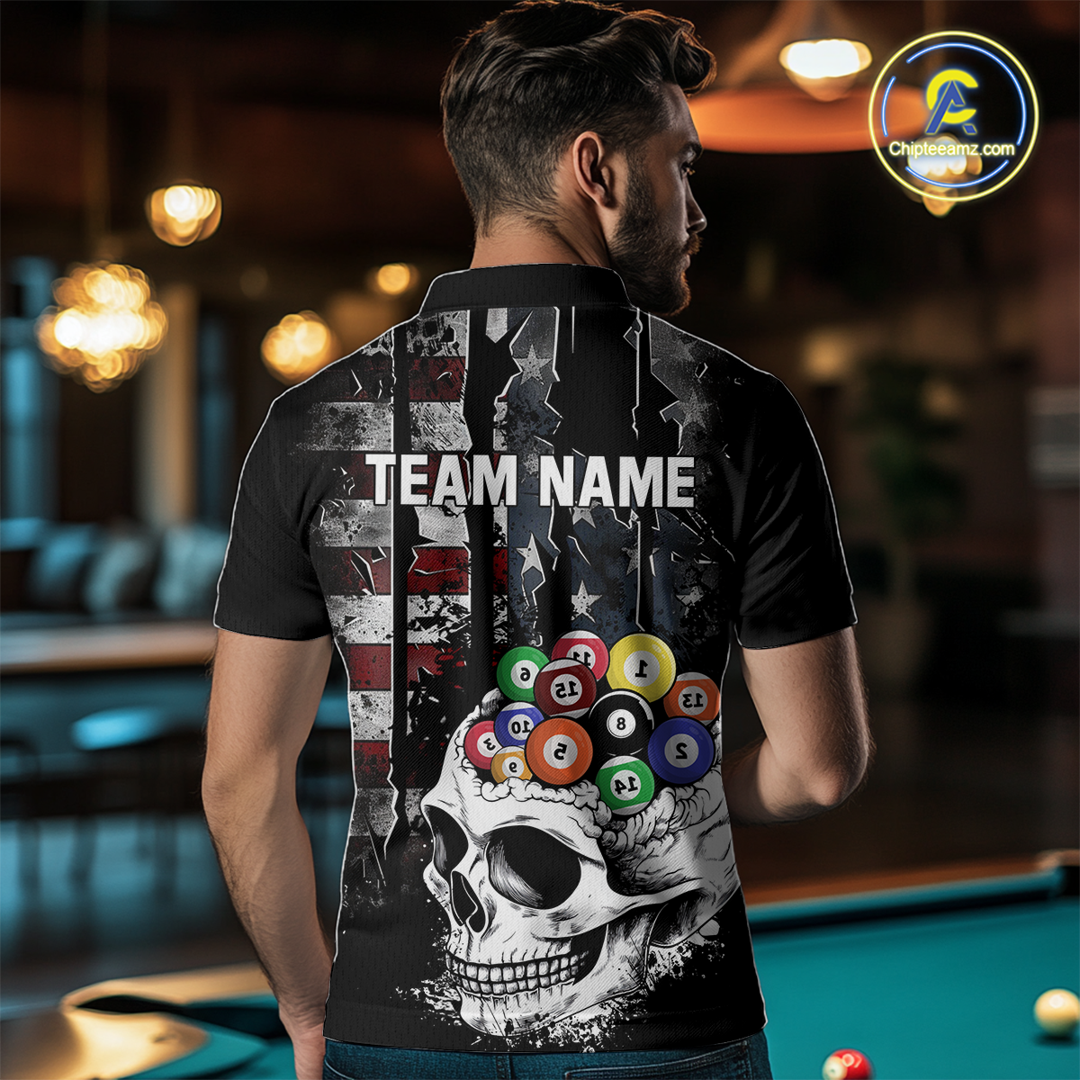 Personalized Skull US Flag Billiard Team Jersey Billiard Shirts for Men Polo & 1/4 Zip NNT42