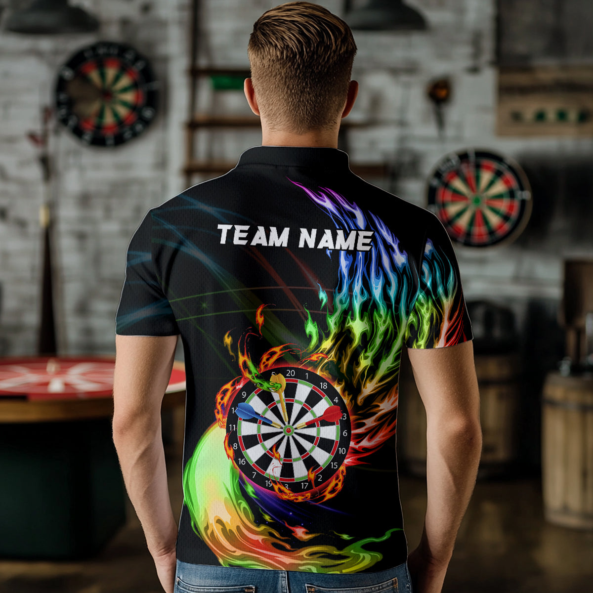 Rainbow Fire Flame Dartboard Darts Polo & Quarter Zip Custom Dart Shirts For Men Dart Jerseys TDM3740