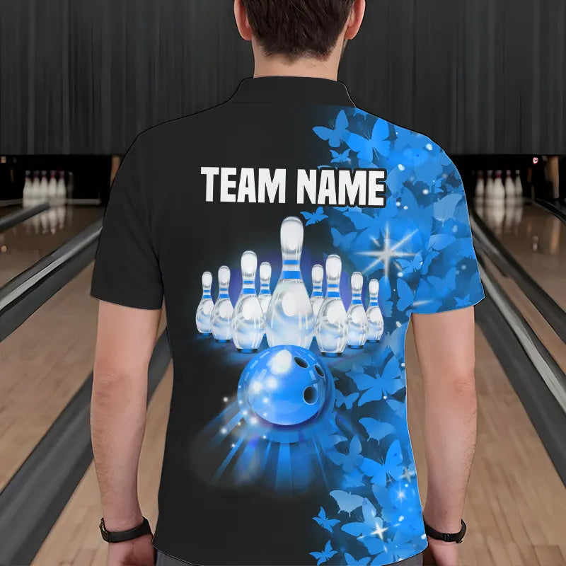 Blue Butterfly Bowling Polo Shirts For Men Women Custom Bowling Jersey Team BDT505