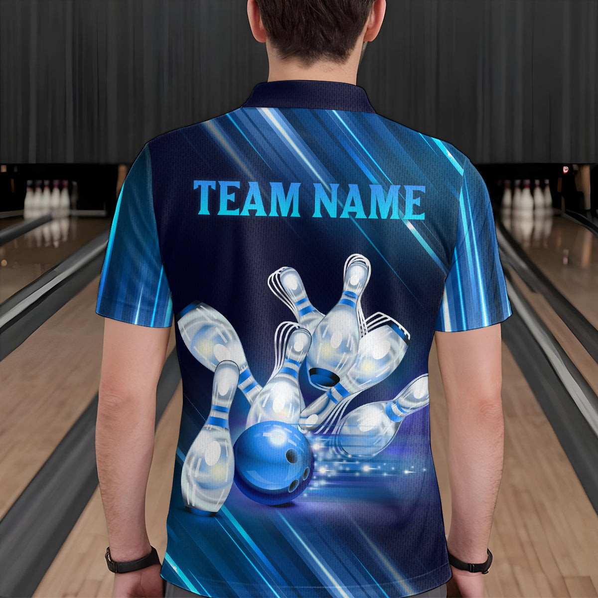 Custom Blue Bowling Jersey for Men Bowling Team Shirts Bowling Uniform Polo & 1/4 Zip HNT162