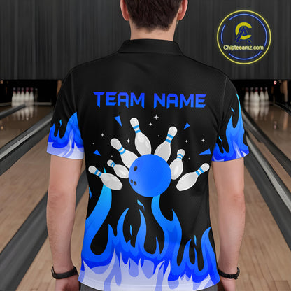 Custom Blue Flame Bowling Shirts for Men Polo & Quarter-Zip Bowling Team Jerseys HNT82