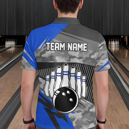 Blue Camo Bowling Shirts for Women Men Custom Team Bowling Polo & 1/4 Zip Shirt MBL61