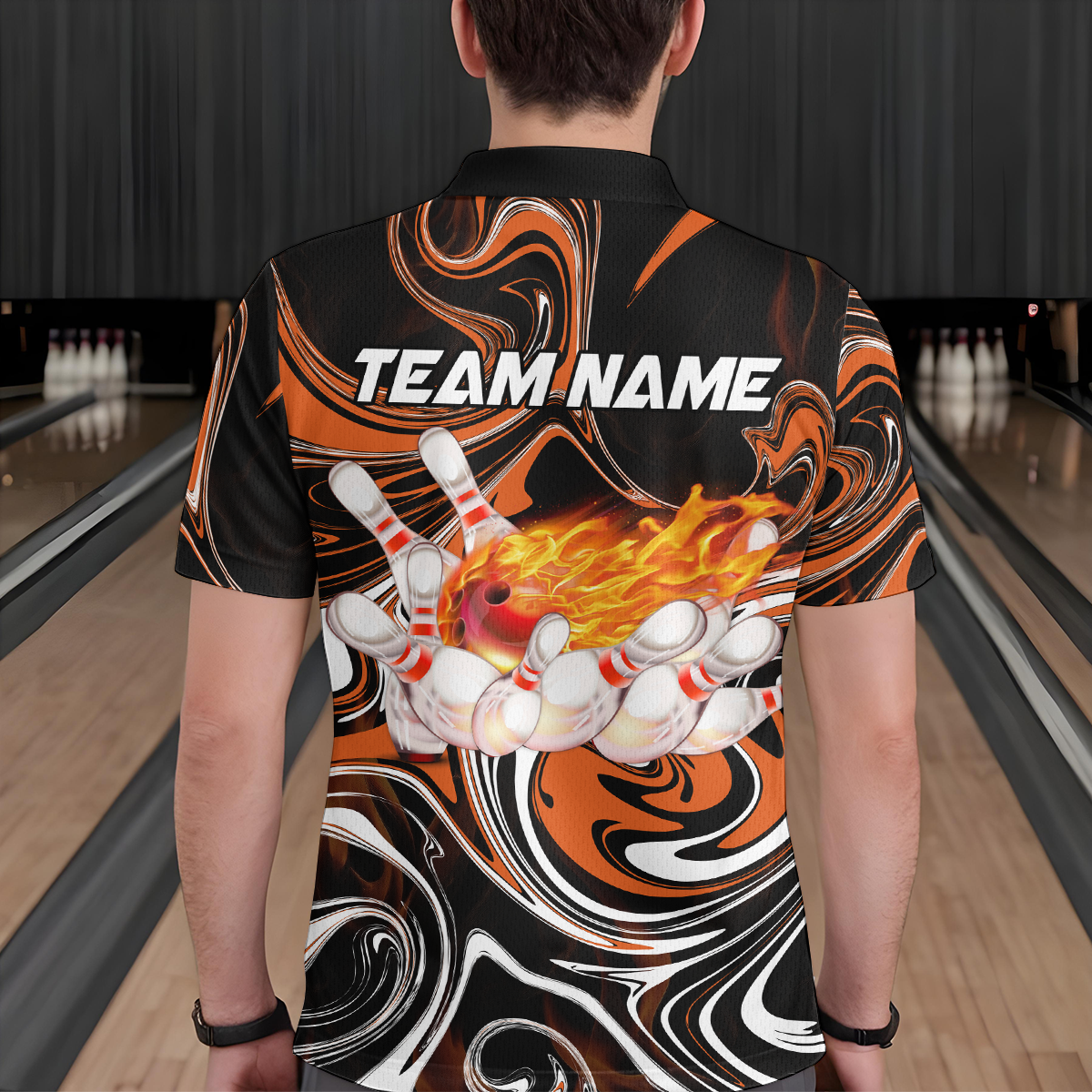 Custom Flame Bowling Shirt Orange Polo Bowling Shirt Unisex Bowling Outfits QZT602