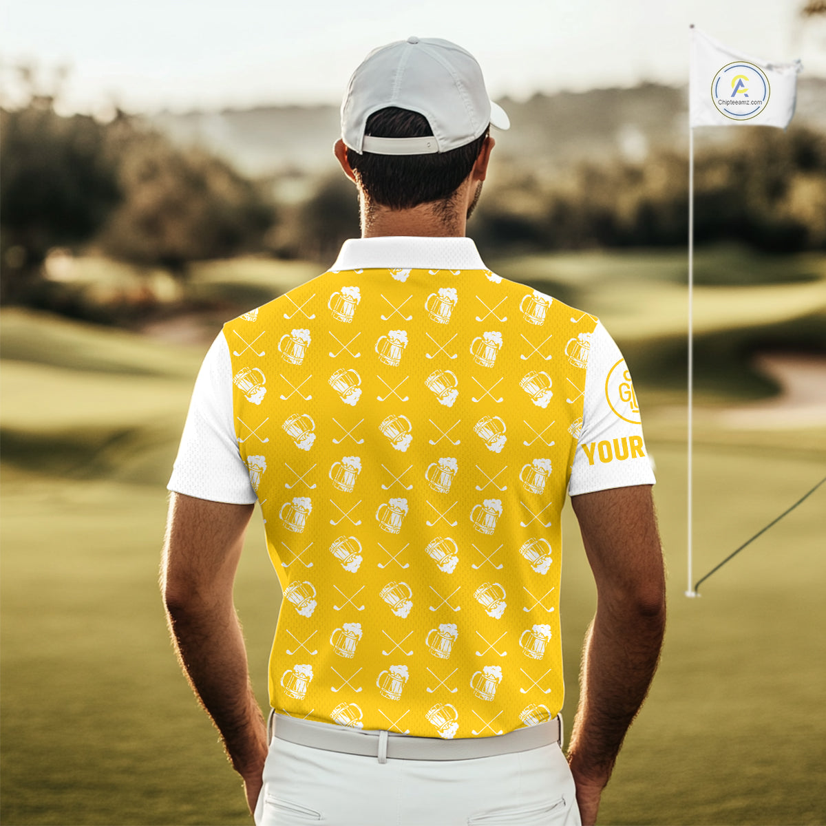 Yellow and white golf pattern Mens Golf polo shirts custom name golf beer outfit men golf clothes NQS9855