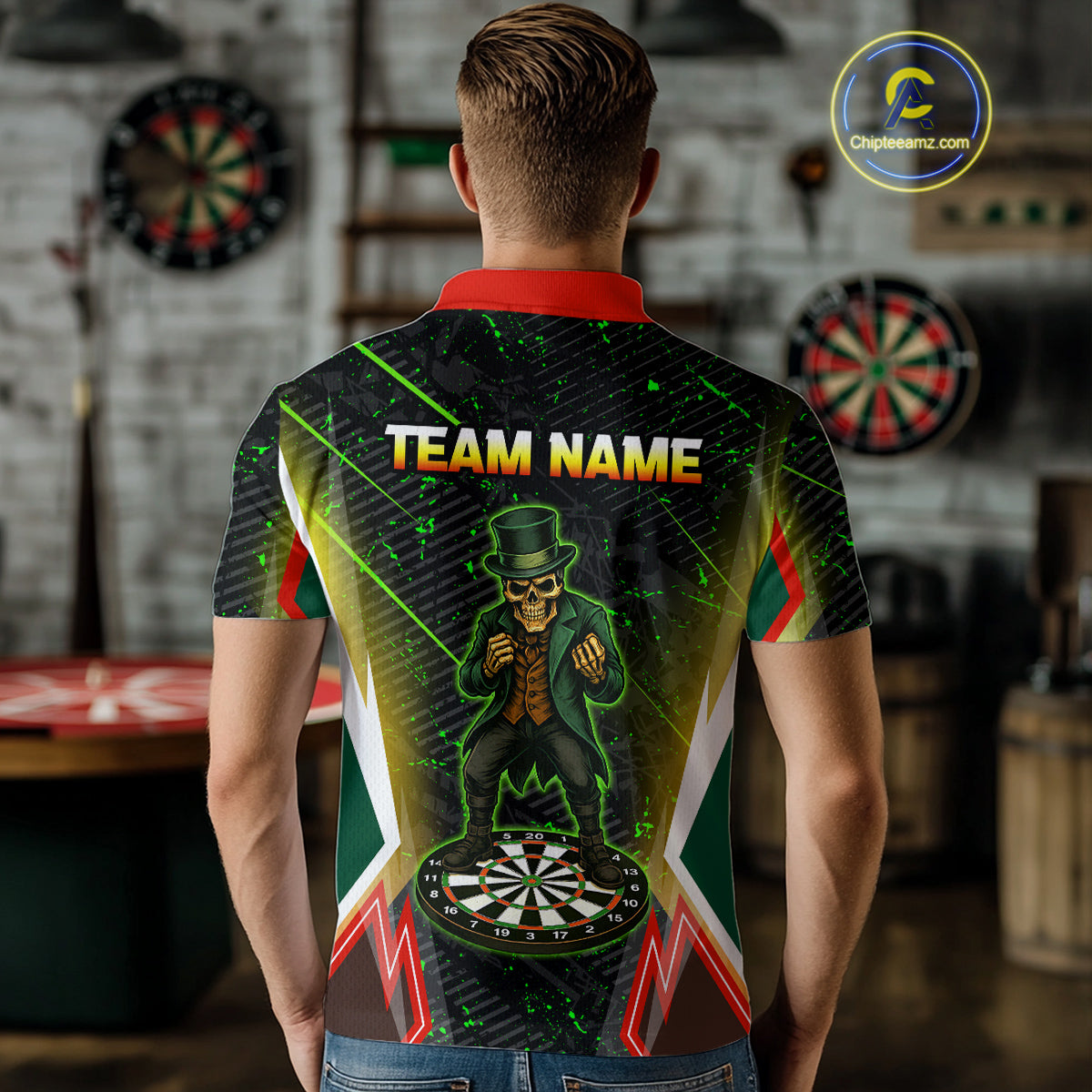 Green Skeleton With Urban Neon Men's Dart Shirt - Custom Name For Darts Jersey NYN0430