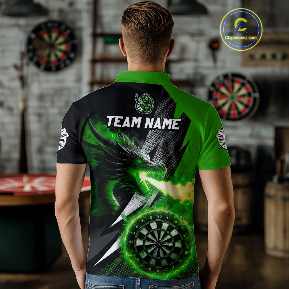 Personalized Striking Black And Green Flaming Dragon Dart Shirts For Men Custom Dart Team Jerseys TDM4299