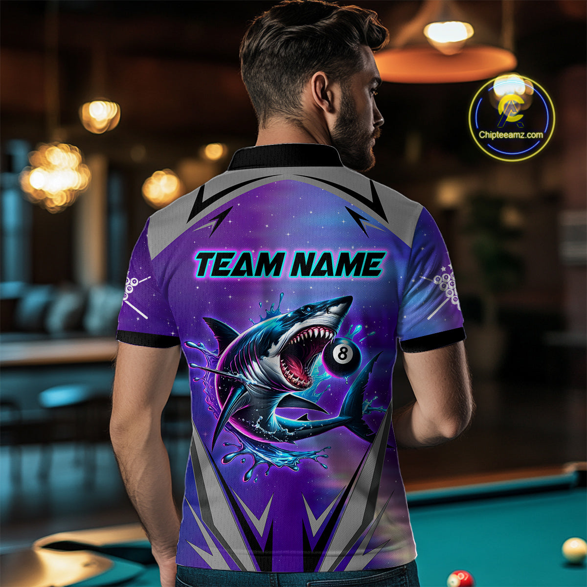 Personalized Shark 8 Ball Pool Billiard Shirt For Men Custom Purple Blue Billiard Team Jersey TDM4367