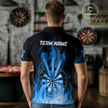 Load image into Gallery viewer, Custom Wolf Dart Shirts For Men – Fire Flame Dartboard Darts Team Jerseys Polo &amp; Quarter Zip |Blue TDM4043