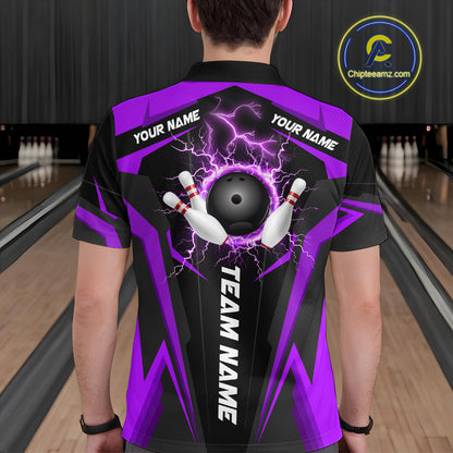 Black Men bowling Polo, 1/4 Zip shirt Custom lightning thunder team league bowling jersey | Purple NQS10375