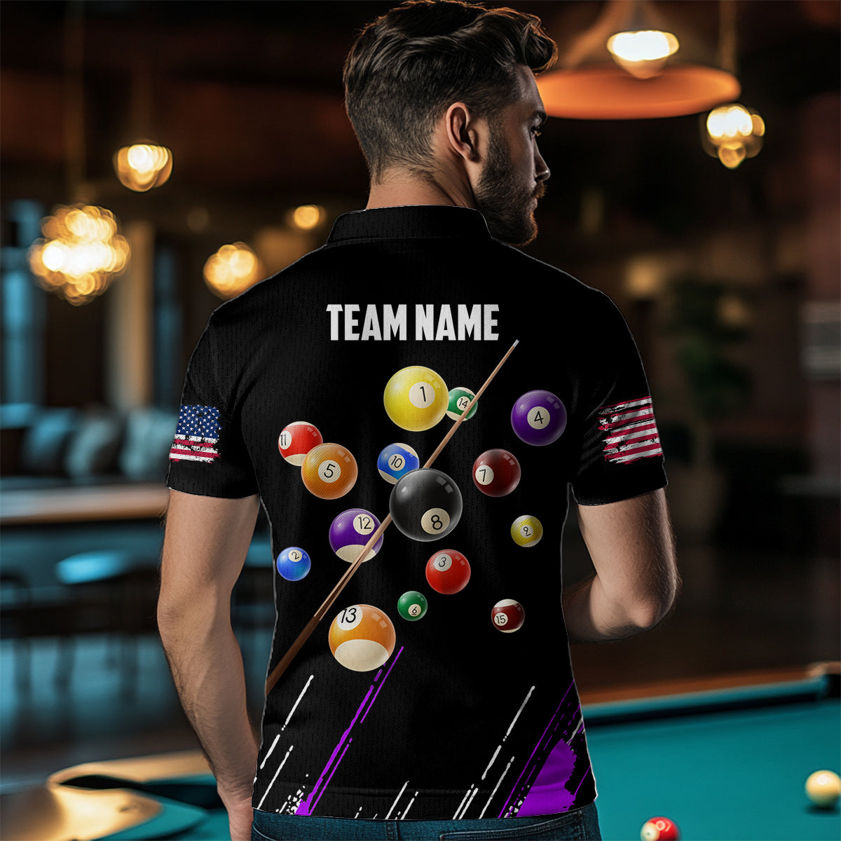 Personalized Black Purple 3D Pool Balls Billiard Shirts For Men Custom Team 8 Ball Billiard Jerseys TDM3576