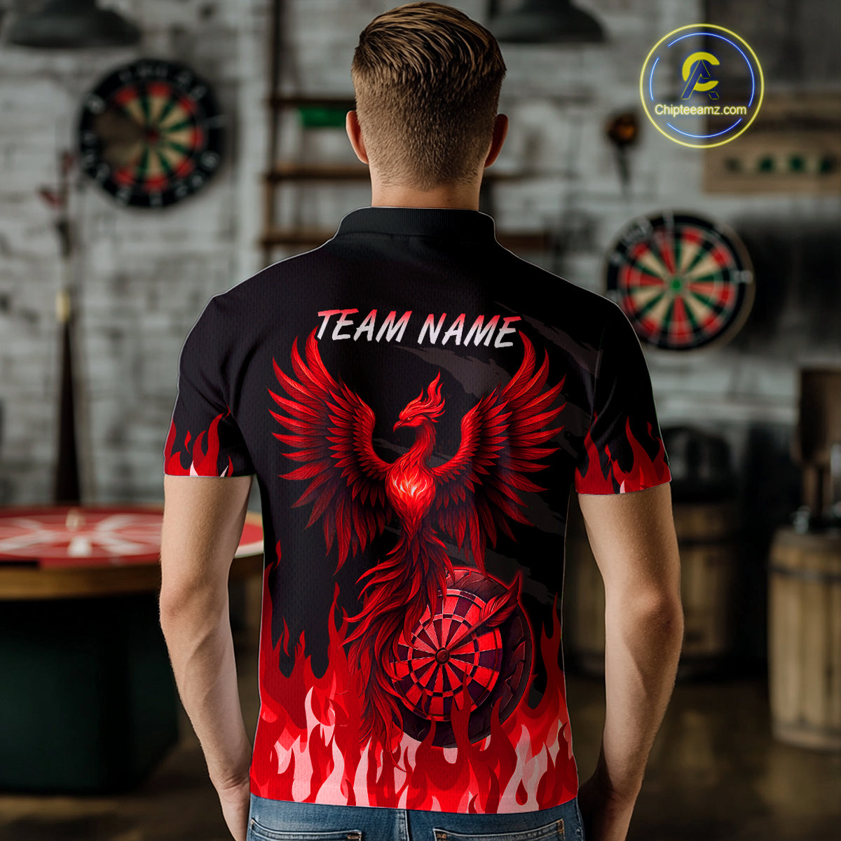 Men's Custom Darts Team Shirt With Maroon Phoenix Dartboard And Flame Pattern NYN0342