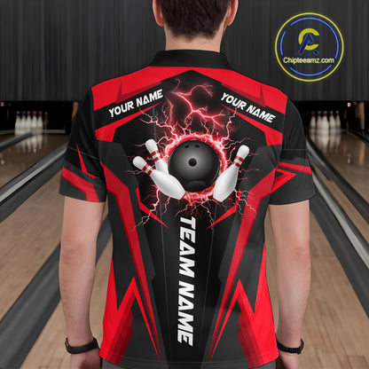 Black Mens bowling Polo, Quarter Zip shirt Custom lightning thunder team league bowling jerseys | Red NQS10373