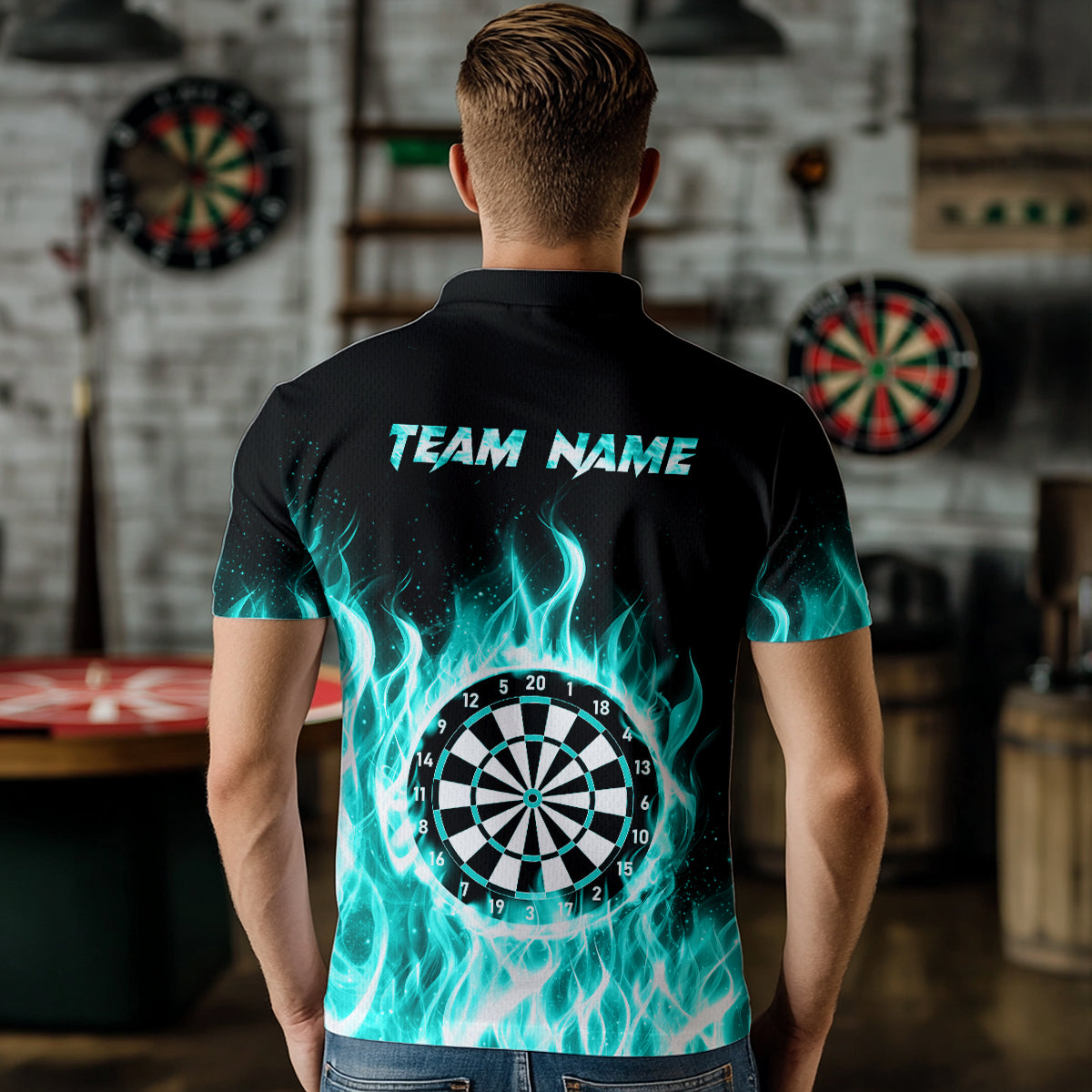 Turquoise Fire Flame Dart Shirt With Pocket For Men Custom Dart Team Jersey TDM3792