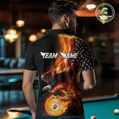 Custom 9 Ball American Flag Flaming Billiard Shirts for Men Billiard Team Shirt Billiard League NNT72