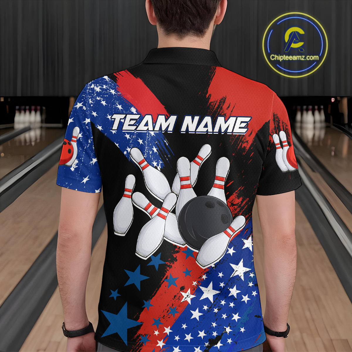 American Flag Bowling Shirt Personalized Patriotic Polo Bowling Team League Gift for Bowlers QZT691
