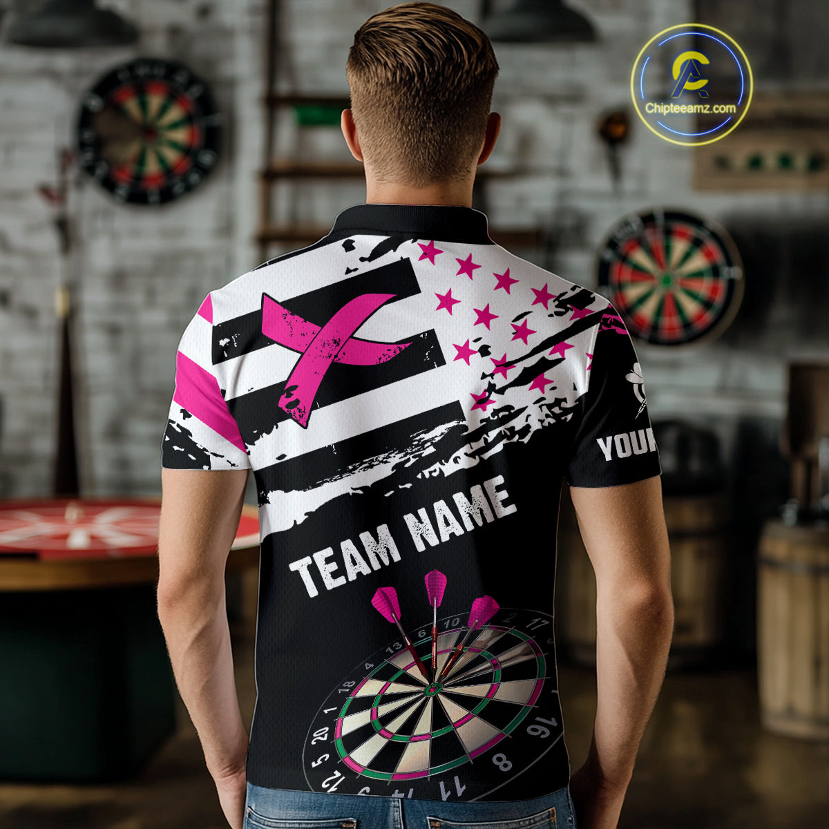 Personalized US Flag Pink Ribbon Darts Shirt For Men Custom Breast Cancer Awareness Darts Jersey TDM4493