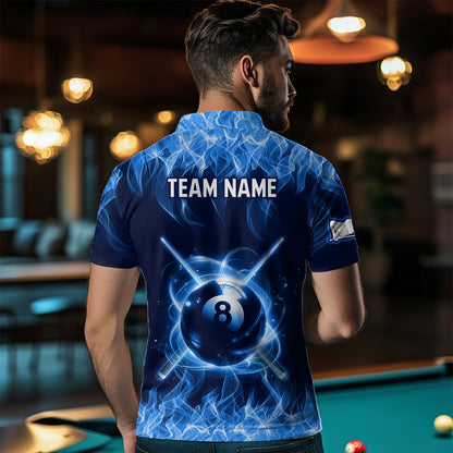 Personalized Blue Flaming Billiard Jerseys 8 Ball Pool Billiard Shirts for Men Team Polo & 1/4 Zip Shirt NNT29