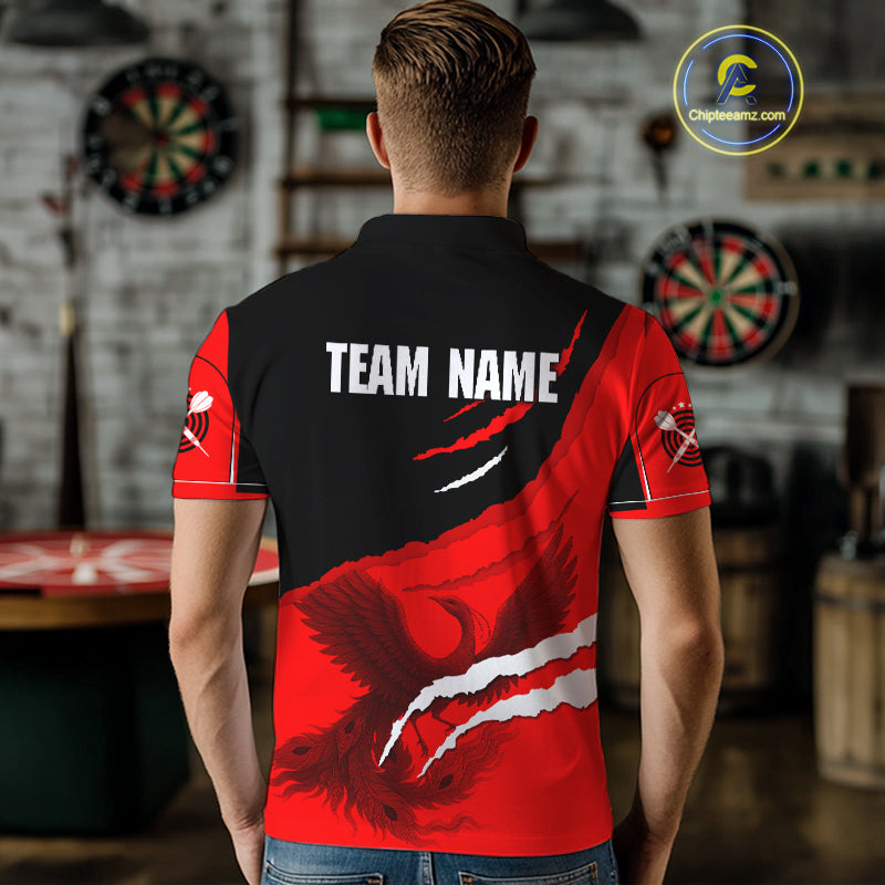 Custom Dart Team Shirt For Men With Crimson Phoenix On Black Linear Pattern NYN0277