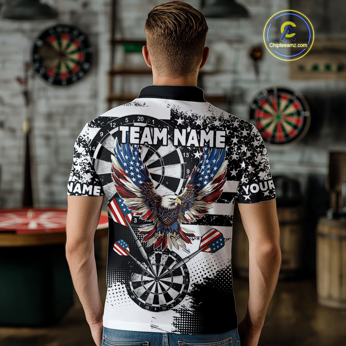 Custom Dart Shirt For Men, Grunge Eagle American Flag Black White Polo, 1/4 Zip Darts Jersey TDM3877