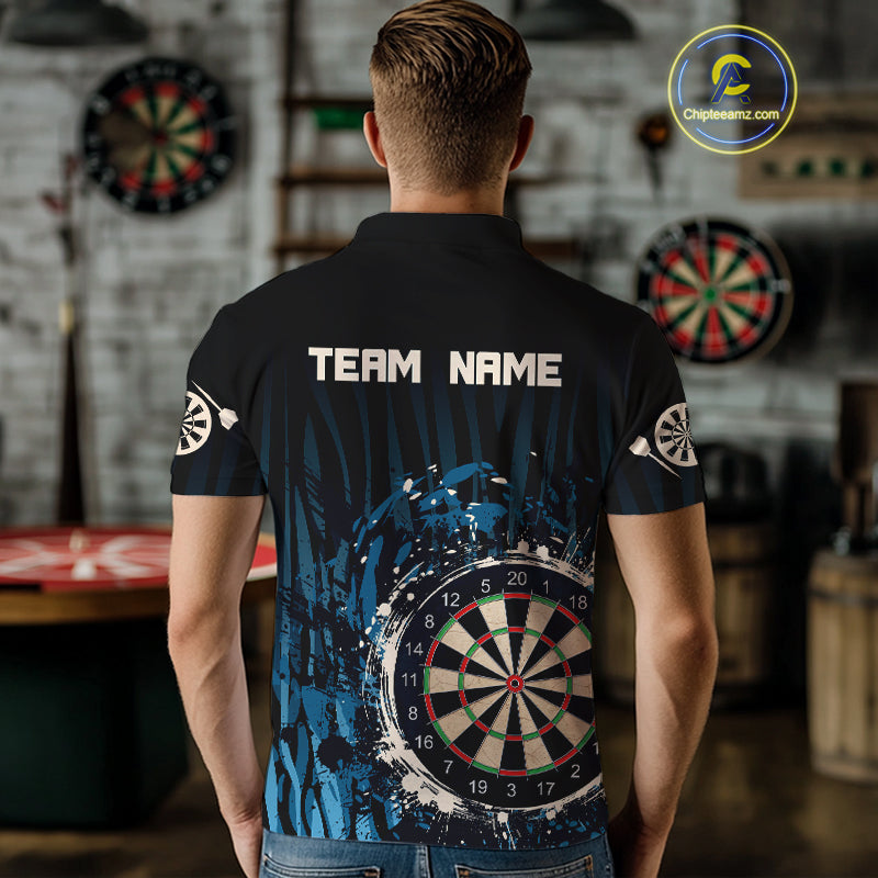 Men’s Custom Darts Team Shirt With Blue Splashed Art, Black Stripes And Dartboard NYN0255