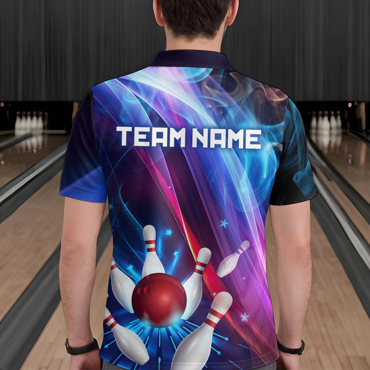 Personalized Galaxy Bowling Pins and Ball Shirt Blue & Purple Neon Polo Bowling Team League QZT664