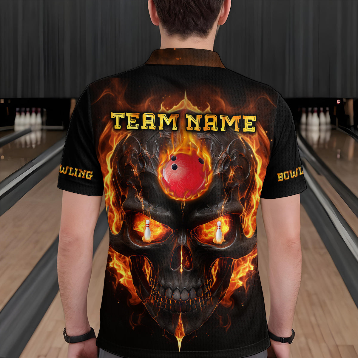 Skull Bowling Shirt For Men Flame Bowling Team League Jersey Custom Bowling Polo Shirt BDT333