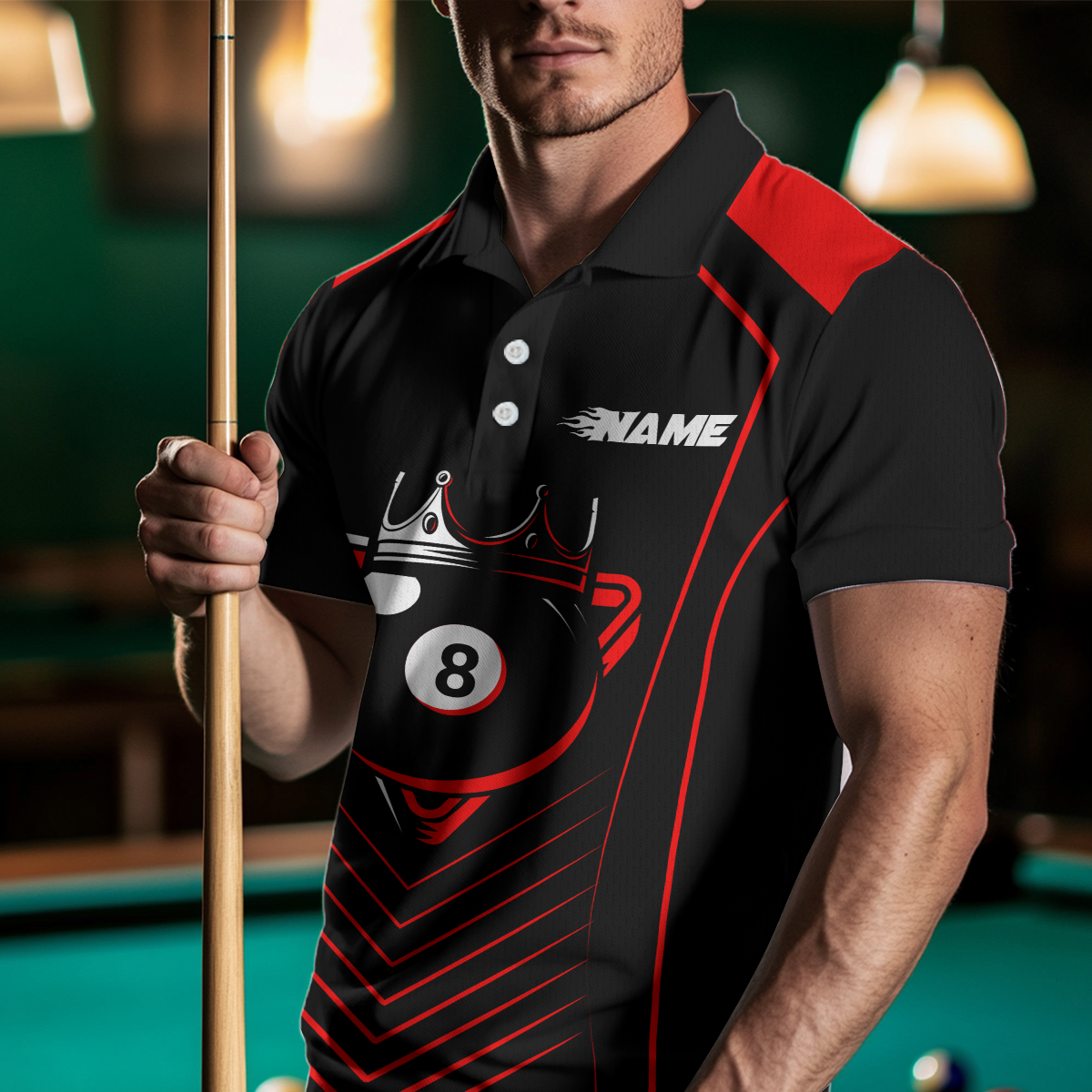 Customized Red 8 Ball Pool Crown Men's Billiard Shirts, Billiard Team Shirts Polo & 1/4 Zip Shirts NNT37