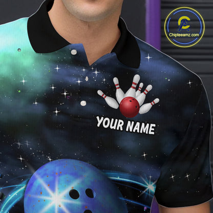 Blue Galaxy Bowling Shirts for Men Women Custom Team Bowling Polo and Quarter Zip MBL123