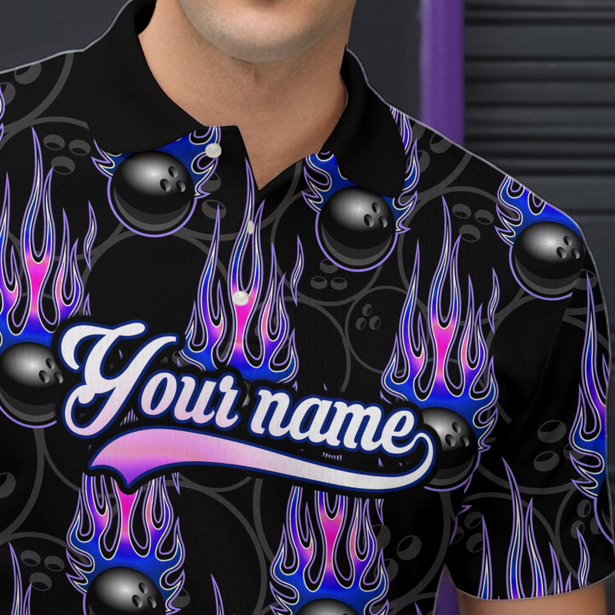 Black Bowling Ball Camo Blue Flame Bowling Polo, 1/4 Zip Shirt for Men Custom Bowling Team Jersey NQS9480