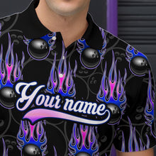 Load image into Gallery viewer, Black Bowling Ball Camo Blue Flame Bowling Polo, 1/4 Zip Shirt for Men Custom Bowling Team Jersey NQS9480
