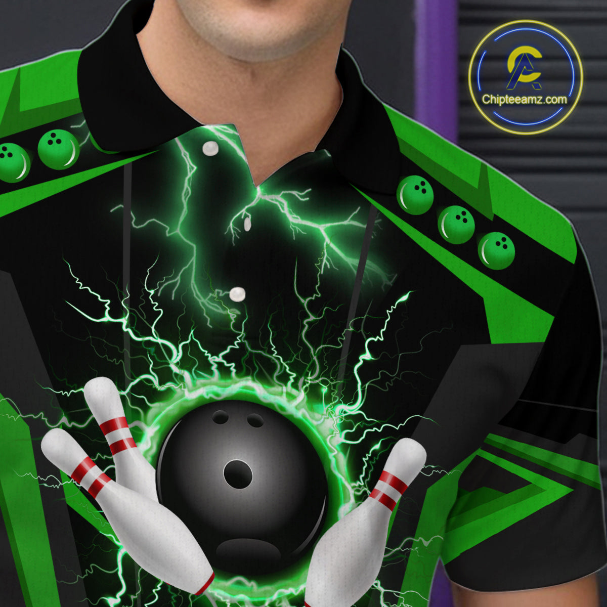 Black Men bowling Polo, Quarter Zip shirt Custom lightning thunder team league bowling jersey | Green NQS10374