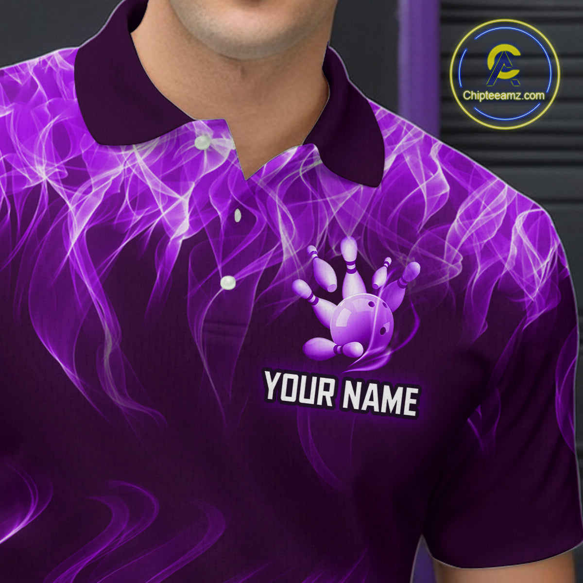 Custom Purple Flame Bowling Jersey for Men Polo & 1/4 Zip Bowling Team Shirts Bowling League HNT150