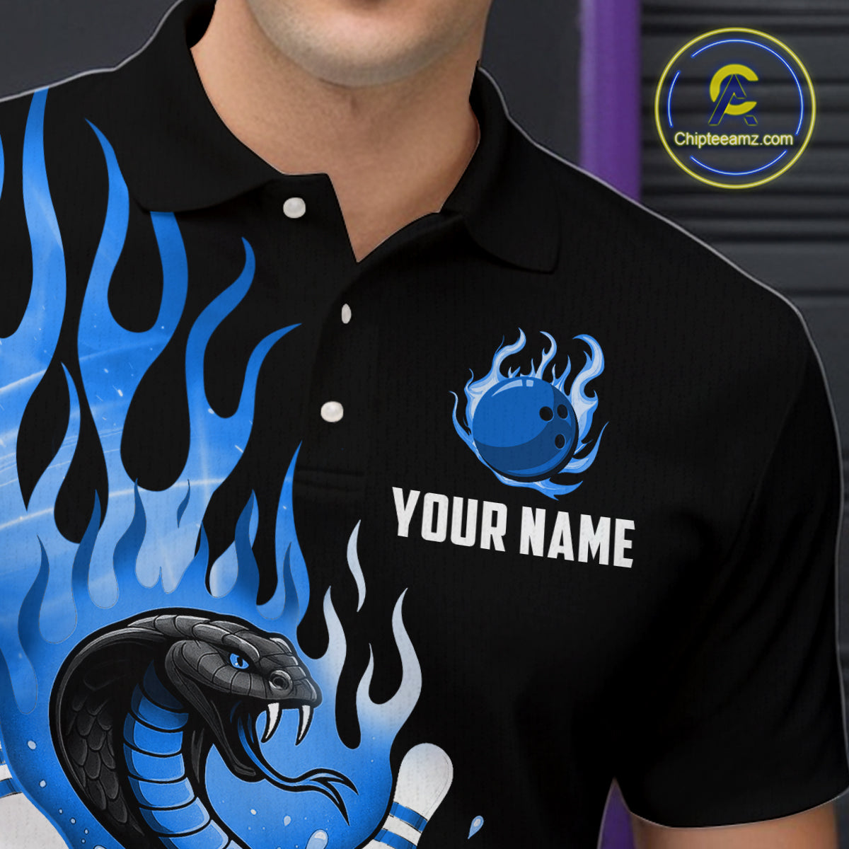 Custom Blue Flame Cobra Snake Bowling Shirt Polo Bowling Team League Bowling Jersey QZT694