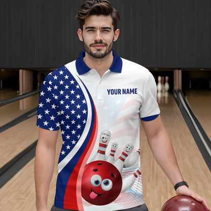 Personalized US Flag Funny Bowling Shirt for Men 3D Bowling Jersey Shirts Polo & Quarter-zip with Team HNT08