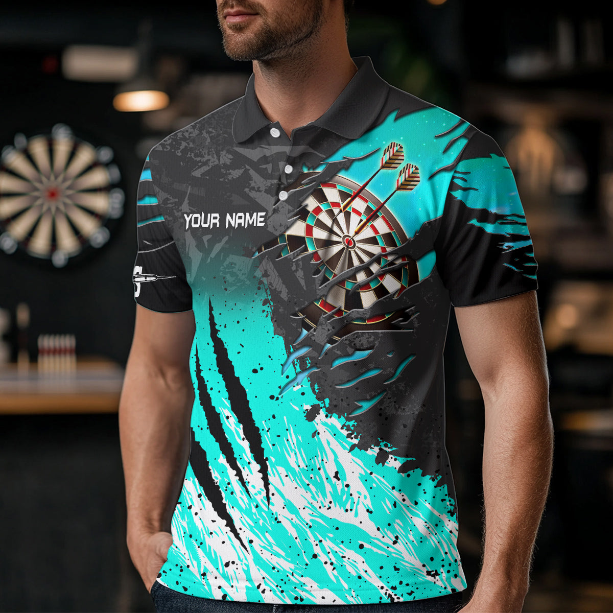 Personalized Turquoise Black Eagle Dartboard Dart Polo & 1/4 Zip For Men Custom Team Dart Jerseys TDM3522
