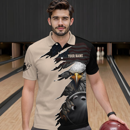 US Flag Eagle 3D Bowling Shirt for Men Custom Name Polo & Quarter-zip Bowling Jersey with Team HNT05