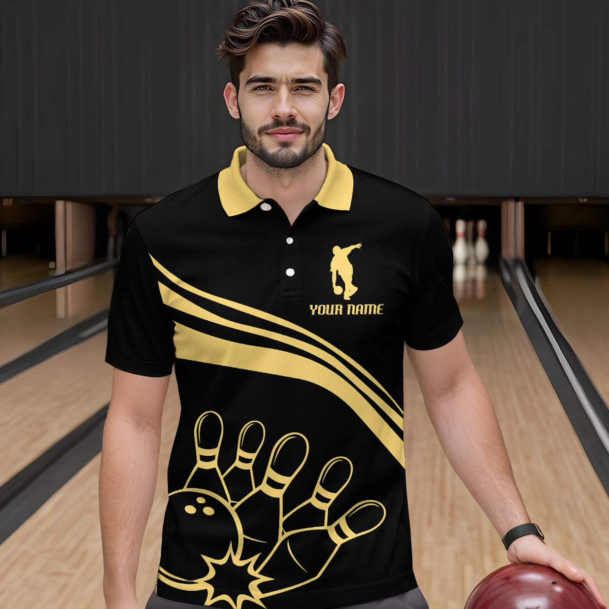 Black&Gold Bowling Polo Shirt For Men Custom Bowling Jersey Vintage Bowling Team League Shirt BDT114