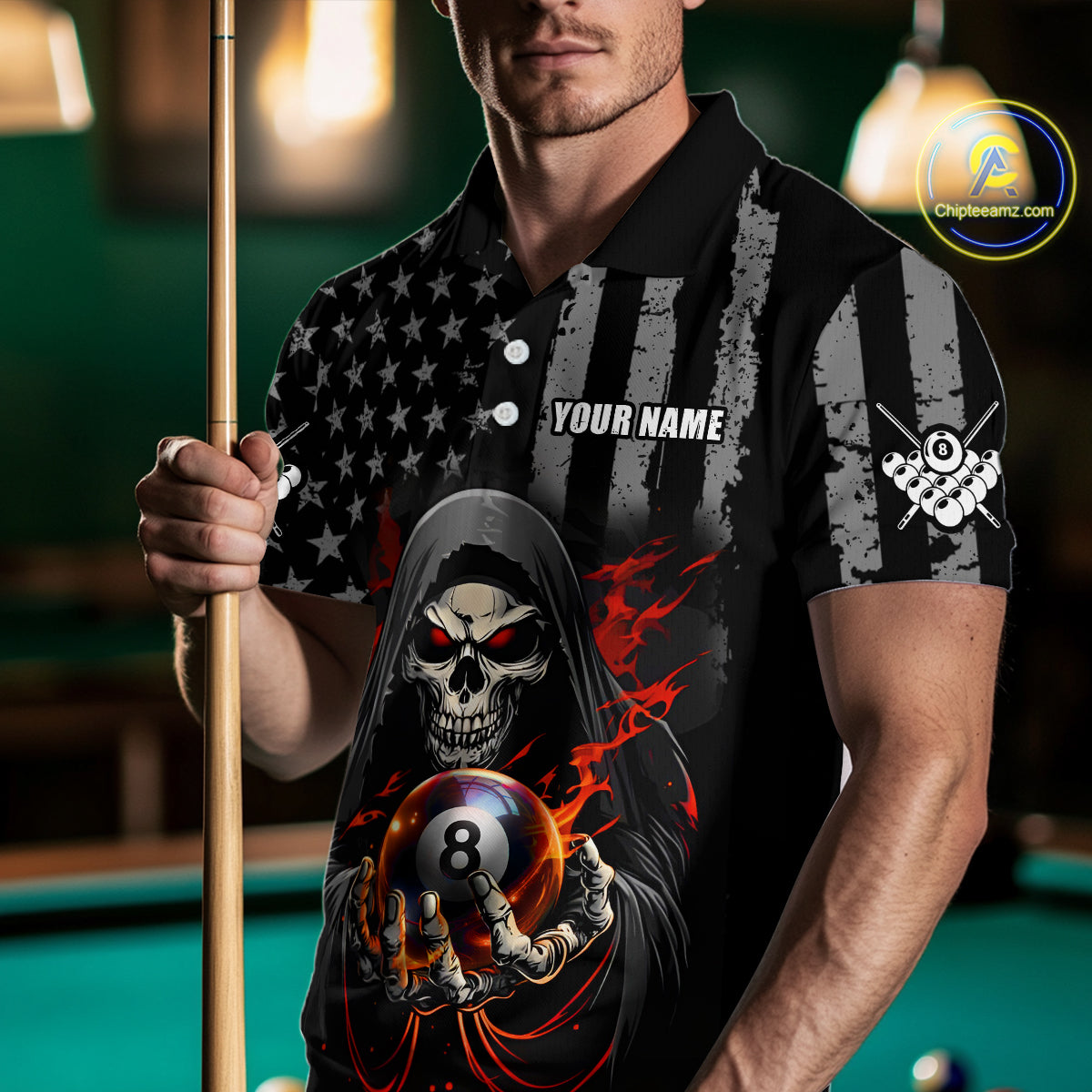 US Flag Skull Billiard Team Jersey for Men Billiard Shirt Polo & 1/4 Zip NNT40
