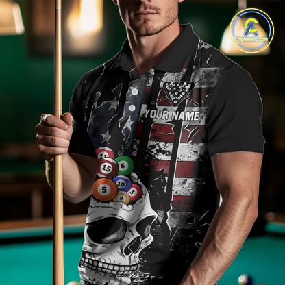 Personalized Skull US Flag Billiard Team Jersey Billiard Shirts for Men Polo & 1/4 Zip NNT42