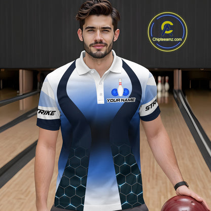 White and Blue Bowling Shirts for Men Women Team Custom Bowling Polo & Quarter Zip MBL105