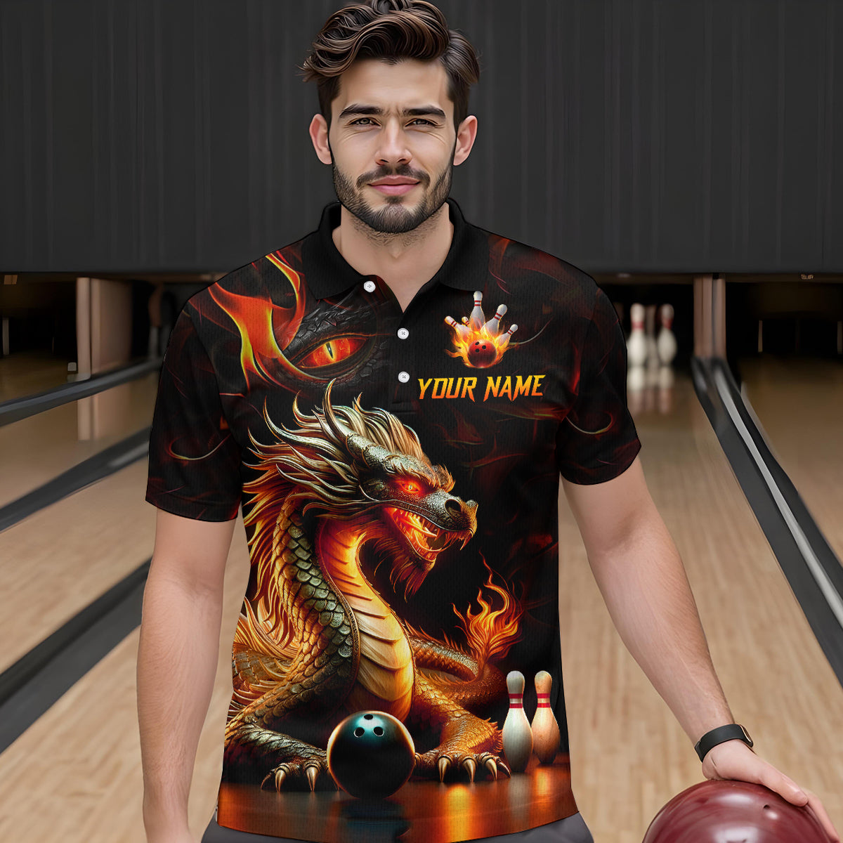 Orange & Black Flame Dragon Bowling Ball Pins Custom Bowling Polo Shirt Bowling Team Jersey QZT667