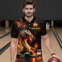 Load image into Gallery viewer, Orange &amp; Black Flame Dragon Bowling Ball Pins Custom Bowling Polo Shirt Bowling Team Jersey QZT667