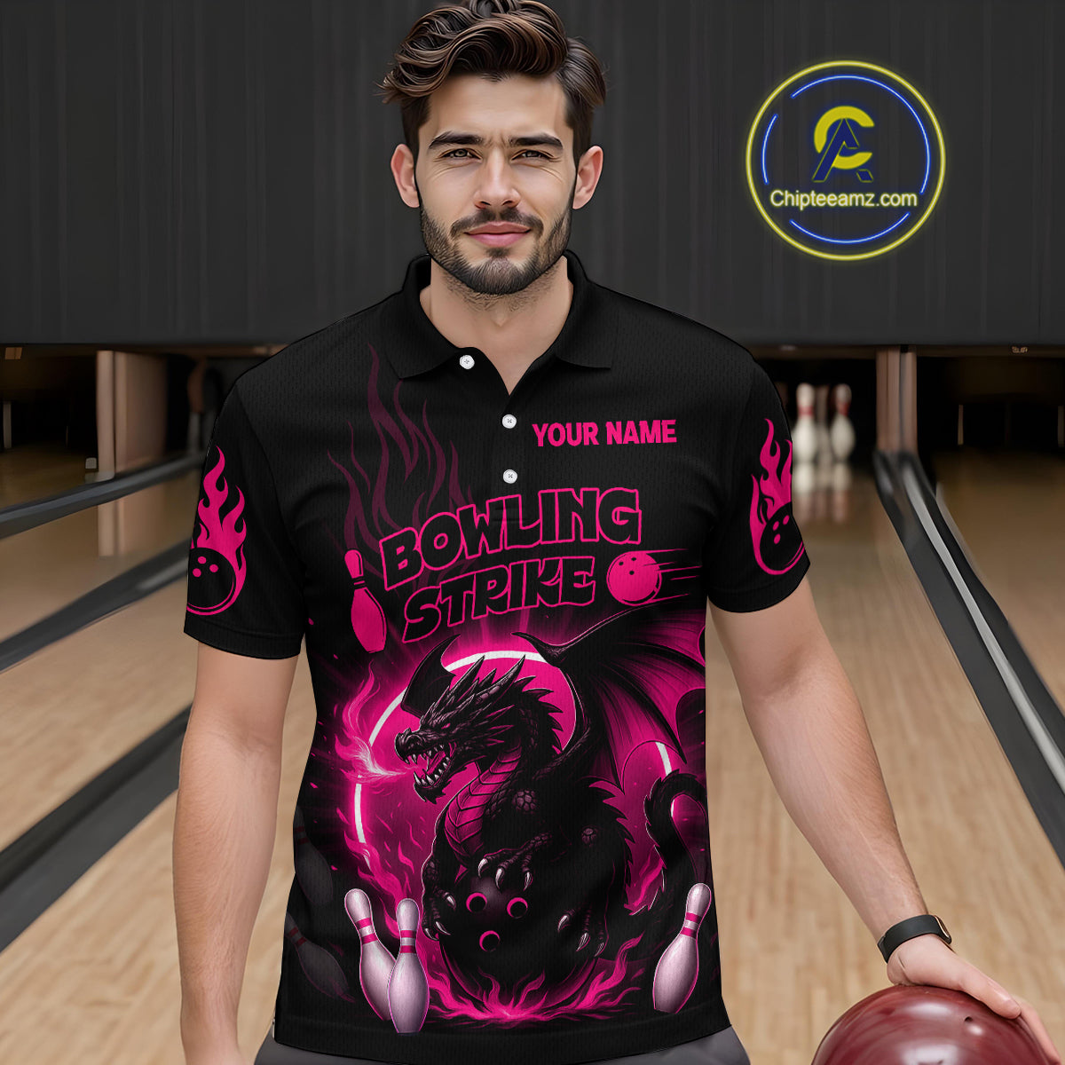 Pink Flame Dragon Bowling Shirt Custom Strike Bowling Team Jersey for Men Uniform QZT726