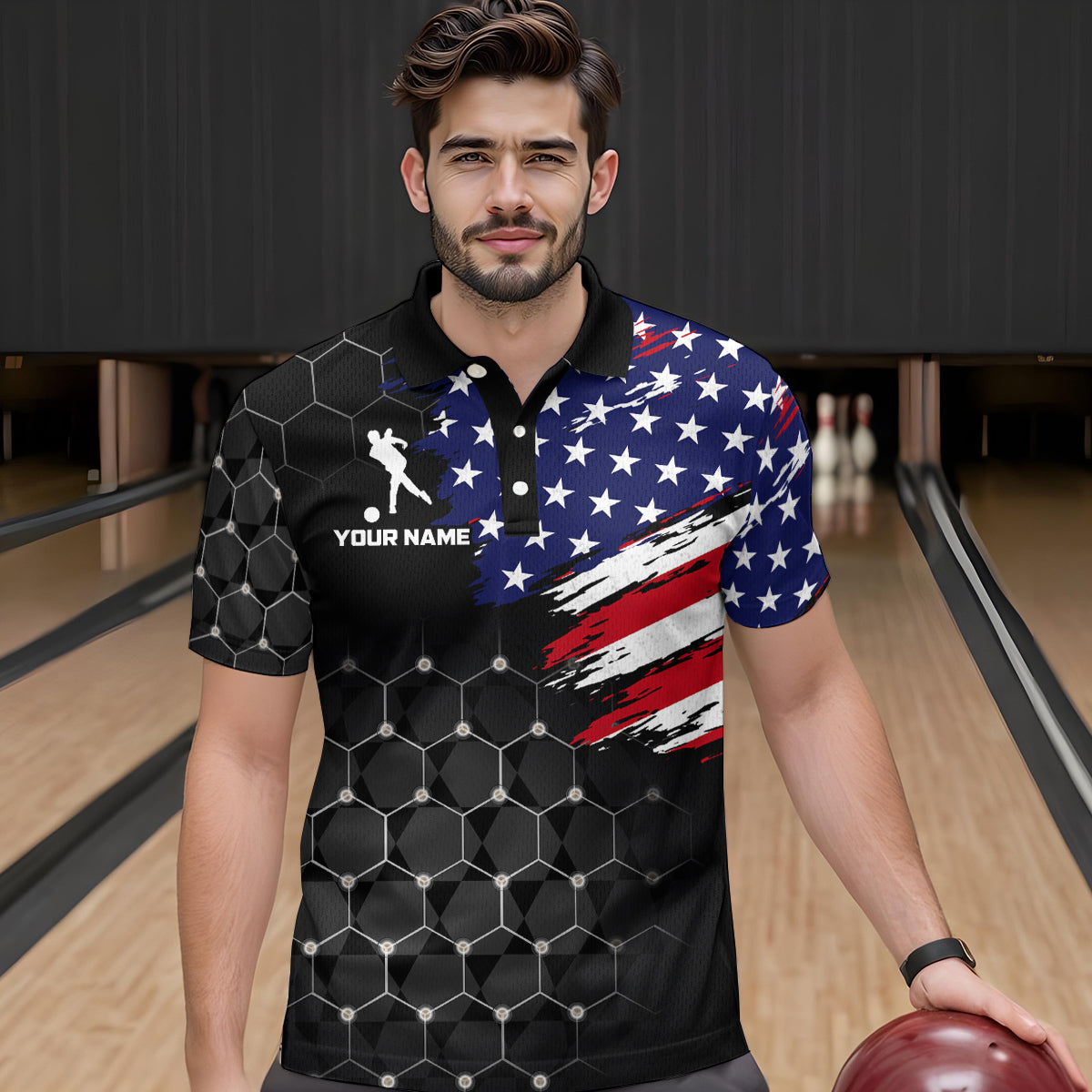 American Flag Bowling Shirts for Men Women Patriotic Bowling Jersey Polo&1/4 Zip Shirt MBL09